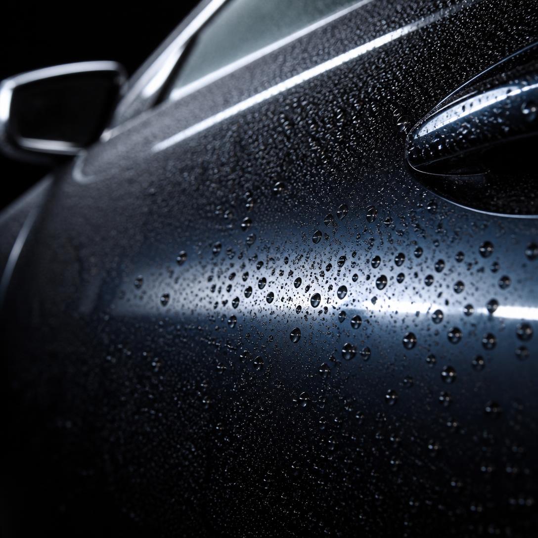 Water beading on a freshly sealed glossy black car panel